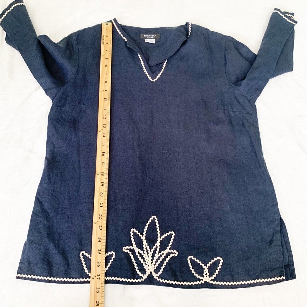 Nira Nira New York‎ Navy Blue Linen Ric Rac Embroidered Tunic Top Womens Size M - Picture 8 of 8